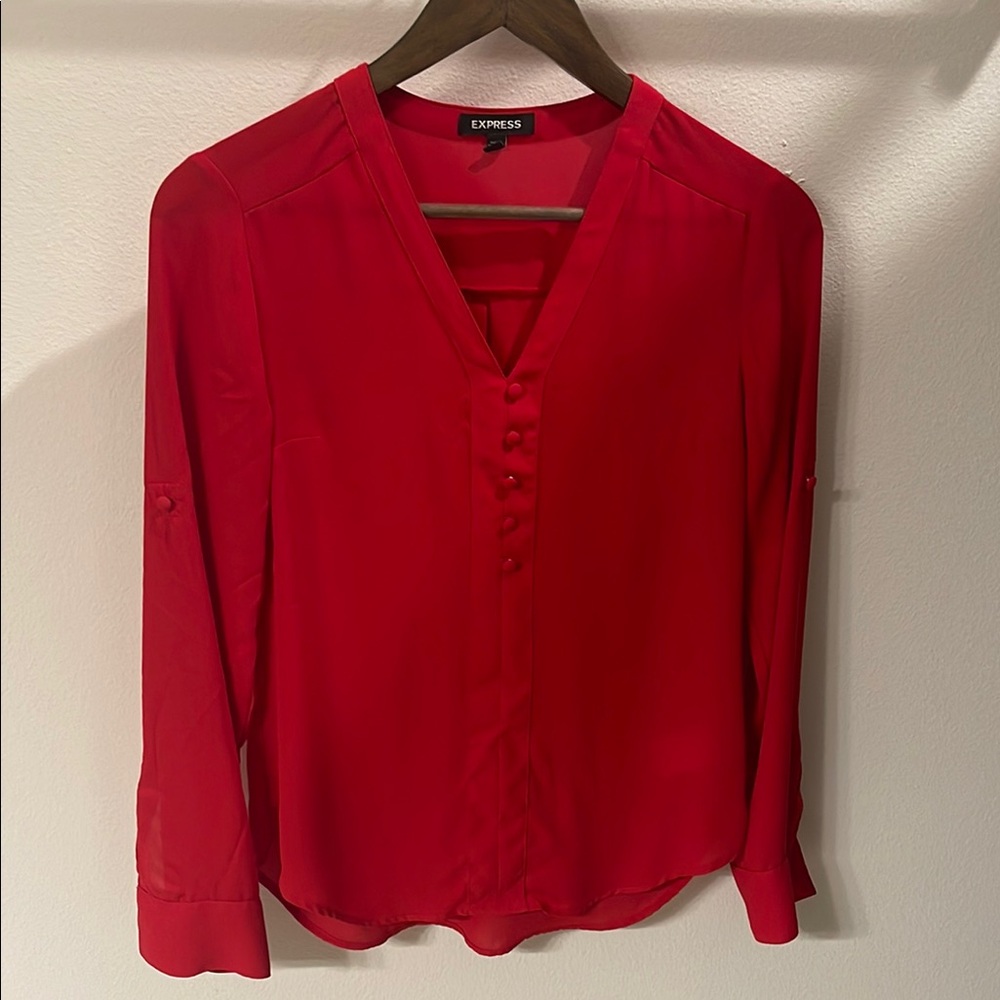 Express Red Blouse with Mandarin Collar and Long Sleeves